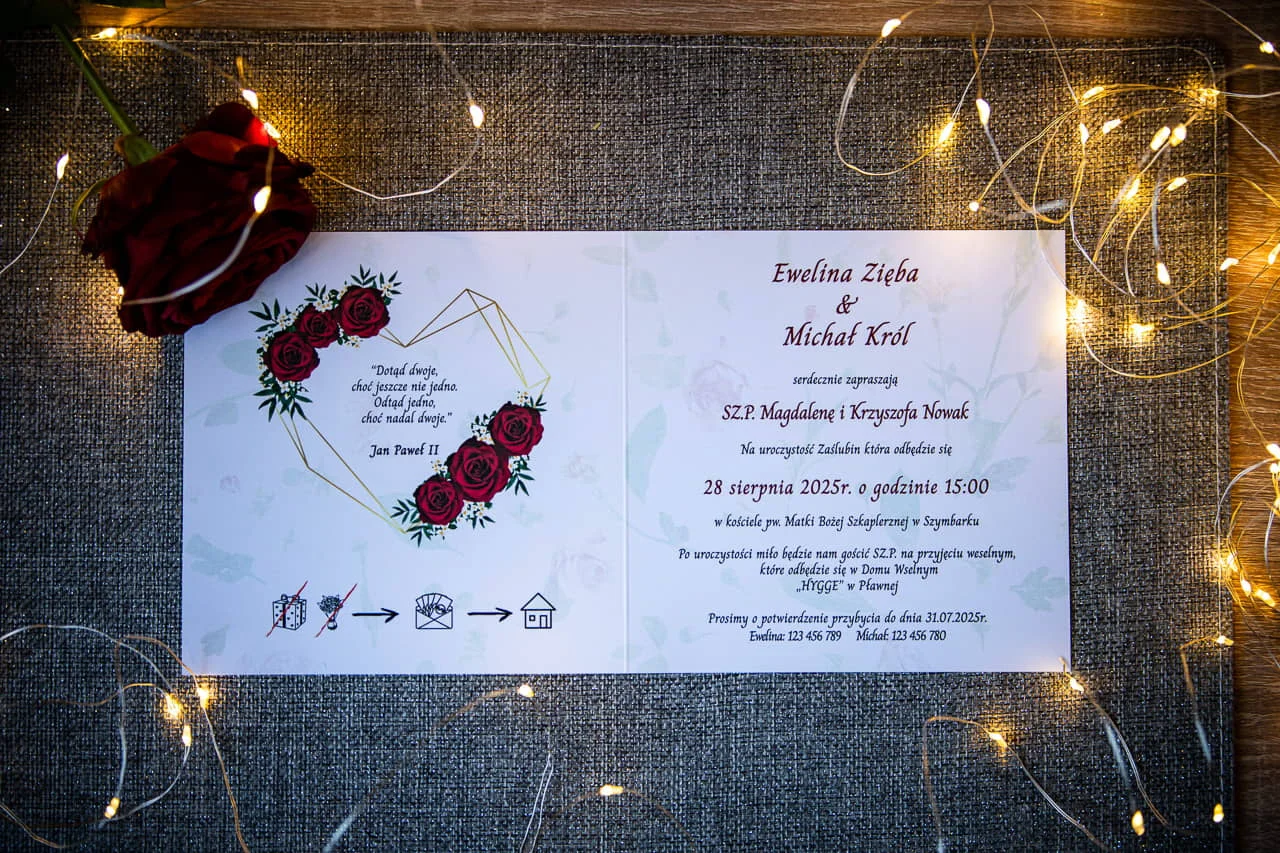 Zaproszenie z geometrycznym sercem i bordowymi różami #1 Ślub marzeń